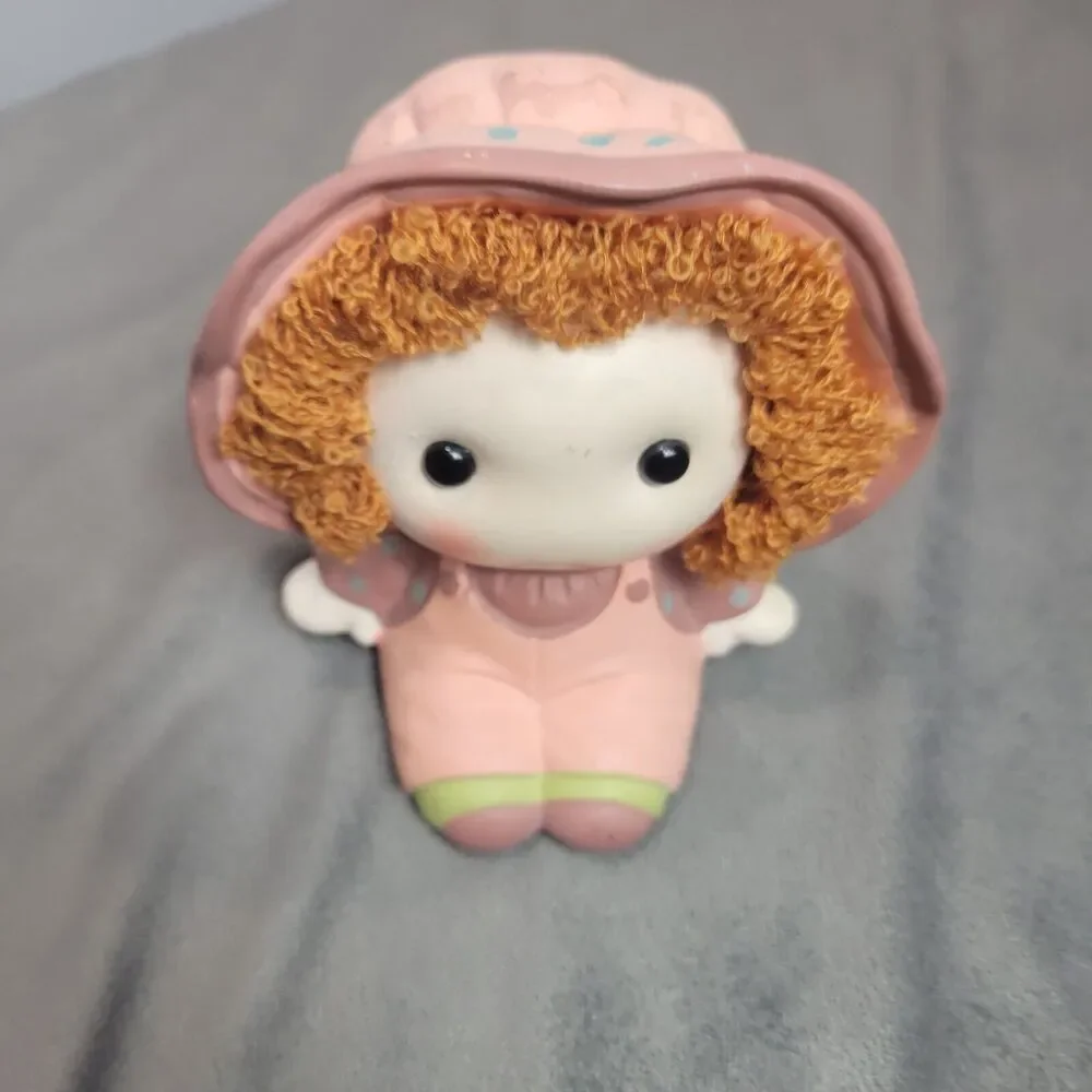 Vintage Ceramic Rag Doll Coin Bank Pink Green Brown Curly Haired Girl Collection